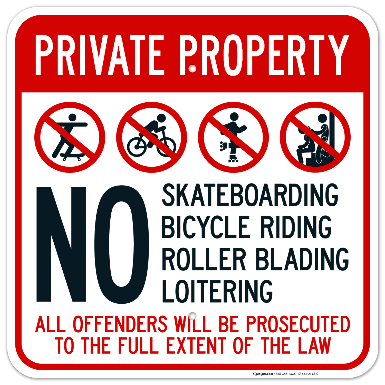 No Skateboarding Bicycle Riding Rollerblading Loitering Offenders Will Be Prosecuted Sign